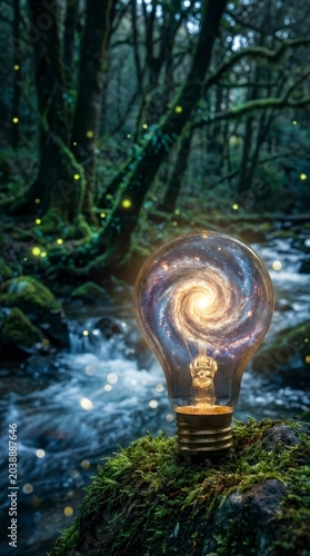 Galaxy in a light bulb on moss in an enchanted forest