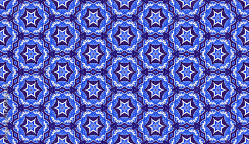 P142 Intricate Blue Starburst and Ocean Wave Seamless Pattern