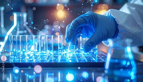 Lab worker in gloves near glowing glassware and digital particles on a laptop