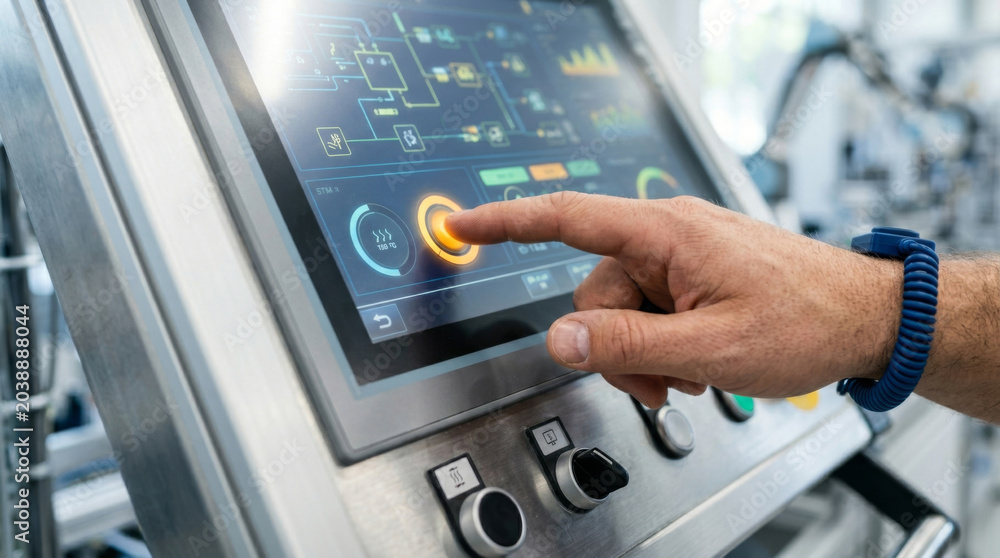 Fototapeta premium A close-up of a hand interacting with an industrial control panel, showcasing advanced technology and monitoring systems.