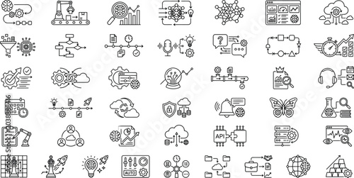 AI Workflow and Automation Minimal Line Icons Collection – Technology Outline Vector Set