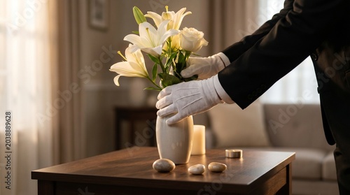 Funeral service professional in white gloves arranging white lilies and roses in a vase on a wooden table, with candlelight and a calm memorial room atmosphere.