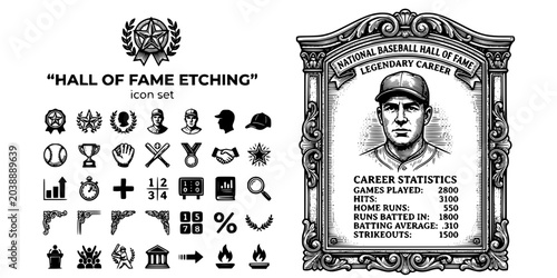 Tableau sur toile Baseball Hall Of Fame Etching Black White-Portrait Relief Stat Frame-Legacy Vect