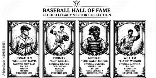 Foto Baseball Hall Of Fame Etching Black White-Portrait Relief Stat Frame-Legacy Vect