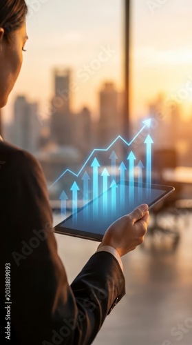 Businesswoman holding tablet with holographic growth graph