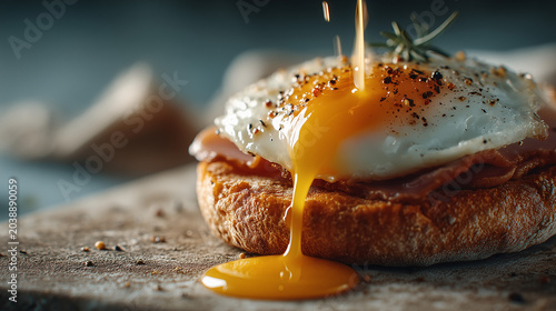 Close-up of over-easy fried egg with runny yolk resting on toasted bread