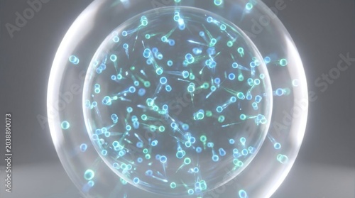 Microscopic view of glowing blue cells inside a translucent sphere.