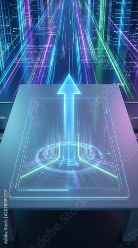 Futuristic data arrow rising from tablet in city network