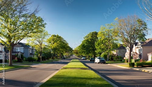 a wide street lined with trees and houses in a residential area the street has a center median with grass and trees there are cars driving down the street the sky is blue and there are no clouds