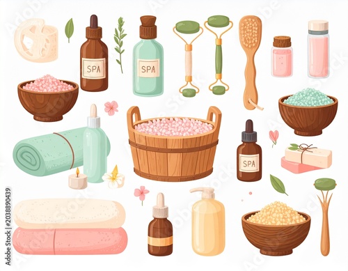 Luxury Spa Self Care Vector Set with Skincare Bottles, Bath Salt, Essential Oils and Wellness Accessories Isolated on White Background