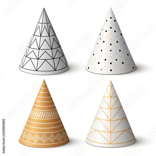 A collection of four decorated party hats in various designs on a white background in a square format