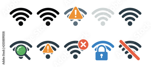 Foto WiFi symbol and indicator icons featuring full, weak, error, security, and no connection status signals for network interface systems