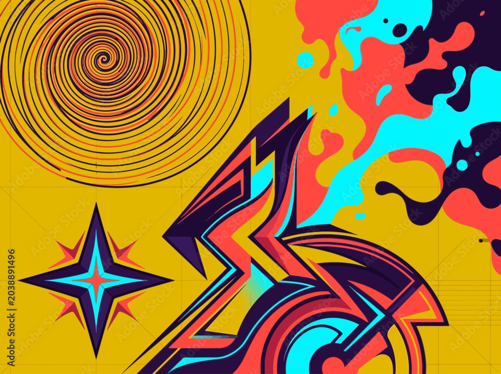 Fototapeta premium Vibrant Abstract Graphic Illustration with Hypnotic Spiral, Bold Star, and Fluid Street Art Elements on Yellow Background