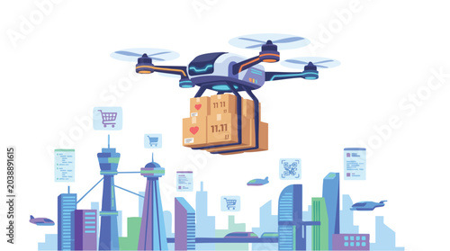 Drone delivering package over modern cityscape with skyscrapers and urban landscape