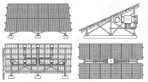 Solar panel array energy system technical drawing blueprint with front side back and top views CAD line art vector illustration