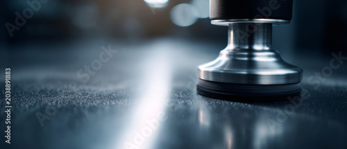 Close-up of metal tamper on coffee surface