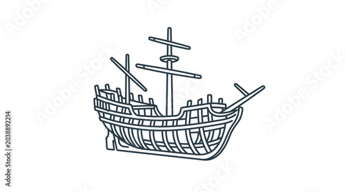 Foto Outline drawing of a vintage sailing ship on a white background.