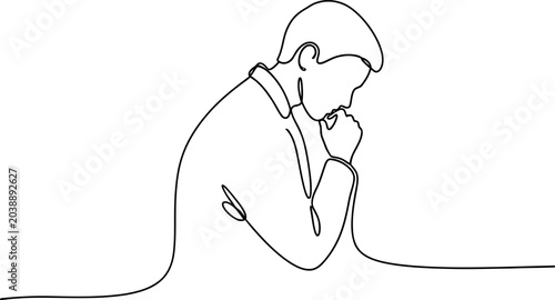 Bild auf Leinwand Man in contemplation, single line drawing, deep thought, introspection, business