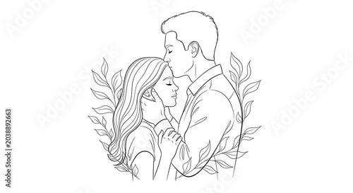 Romantic couple embrace elegantly in delicate floral line isolated on a transparent background, romantic embrace
