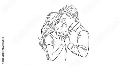 Romantic couple embracing tenderly in attire isolated on a transparent background, black and white, line romantic gesture