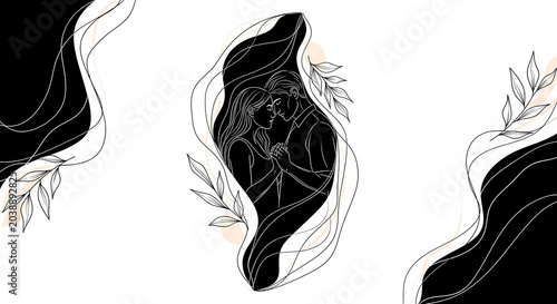 Romantic line couple in flowing nature setting isolated on a transparent background, romantic line flowing nature