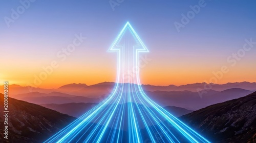 Glowing arrow rising over mountain landscape at sunset