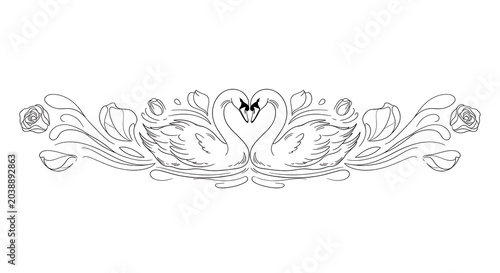 Romantic swan heart with delicate floral motifs isolated on a transparent background, swan delicate swan
