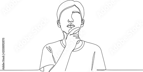 Photos Thoughtful person one line drawing, contemplating with finger on chin, minimalis