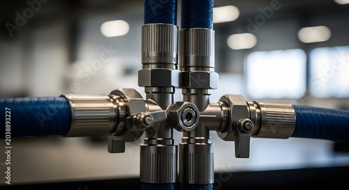 Four-way hydraulic pipe valve joint connection. Fluid control systems and industrial plumbing. Steel coupling knot linking thick blue pressurized high pressure hoses together.