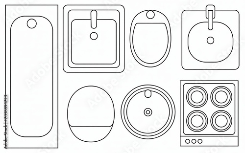 Bathroom and kitchen fixtures in top down line art for home planning