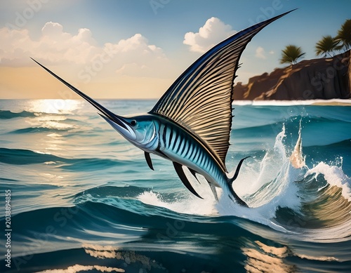 sailfish leaping out of the water chasing after its prey the sail fish is seen in mid ai