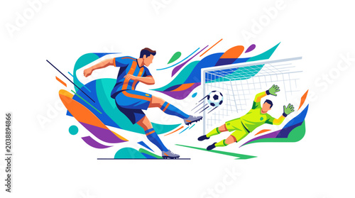 Tableau sur toile Soccer player kicking ball past goalkeeper