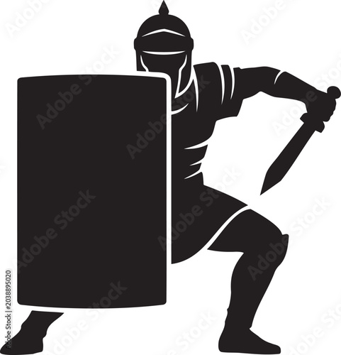 Quadro su tela Roman legionary silhouette vector illustration ancient soldier with shield gladi