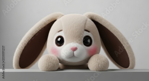 Cute 3D Rendered Fluffy Bunny Character with Big Eyes and Pink Cheeks