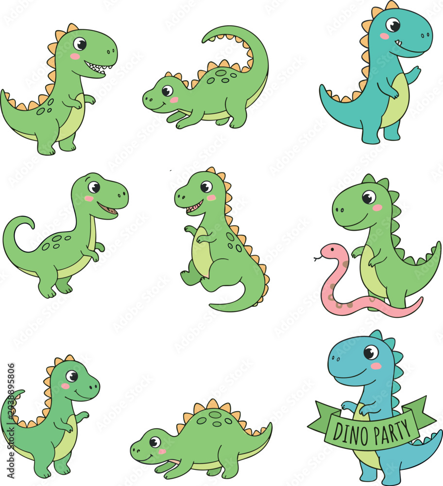Fototapeta premium Cute cartoon dinosaur character collection set in various poses featuring little green and blue prehistoric reptiles isolated on white background vector illustration.