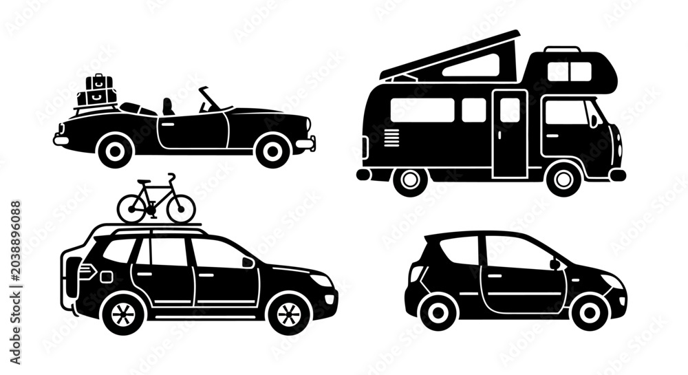 Fototapeta premium Variety of vehicles for travel: RV, convertible, SUV with bike, compact car