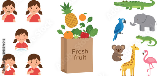 Canvas Print Cute girl eating expressions set next to a brown paper bag of fresh healthy fruits and a collection of wild animals vector illustration