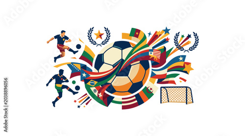 Soccer players celebrating with colorful flags and balls