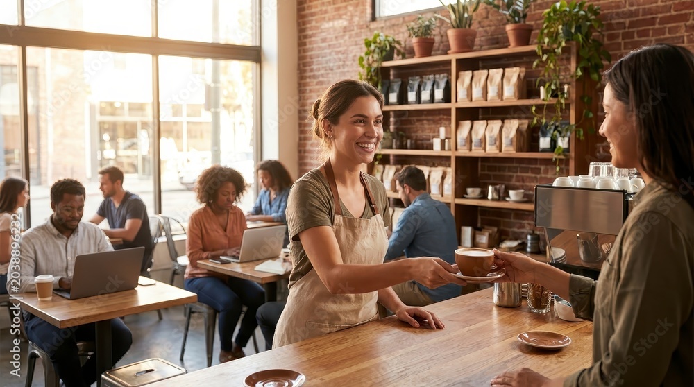 Obraz premium Smiling barista serving coffee to customer in modern cafe