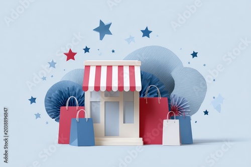 Small business storefront with red and blue shopping bags and star decorations for independence day sale banner and retail promotion background