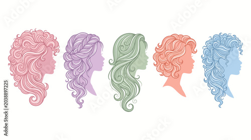 Five colorful female side profile silhouettes displaying diverse hairstyles and curly locks representing beauty fashion salon hair styling options for women wanting to express unique personality