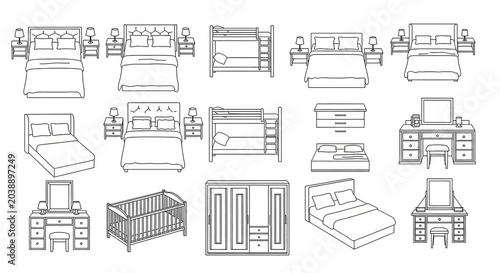 Bedroom furniture set with beds and dressers in top view outline