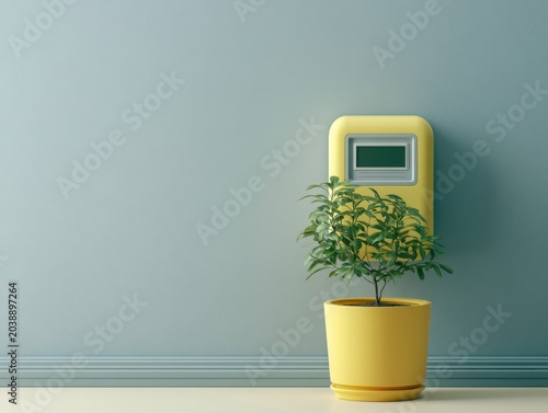 Houseplant in yellow pot on floor beside monitor against blue wall