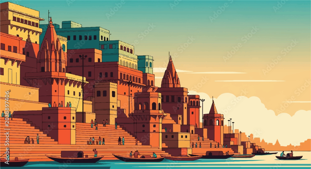 Obraz premium Riverside buildings illustration panoramic view daytime scene