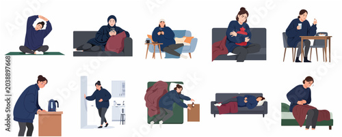 Konstfotografi Vector set of a young woman suffering from various illnesses, pain, and feeling