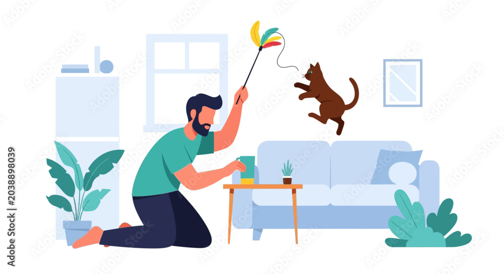Fototapeta premium Man playing with jumping cat at home vector illustration, pet owner bonding with feline in living room