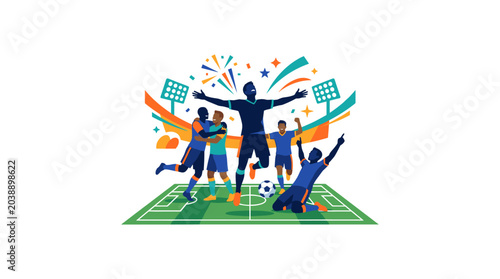 Celebrating soccer team winning on field