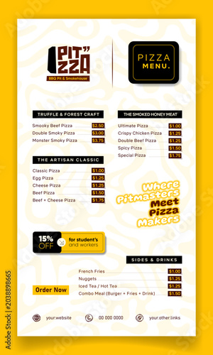 Food menu template in white yellow with abstract squiggle maze background for pizza advertisement