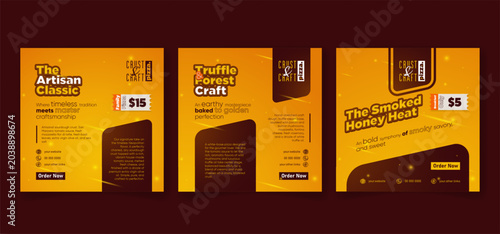 Set of social media post template in orange and brown background for pizza food advertisement
