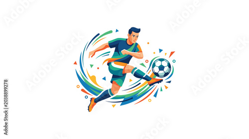 Soccer player kicking colorful ball with motion lines